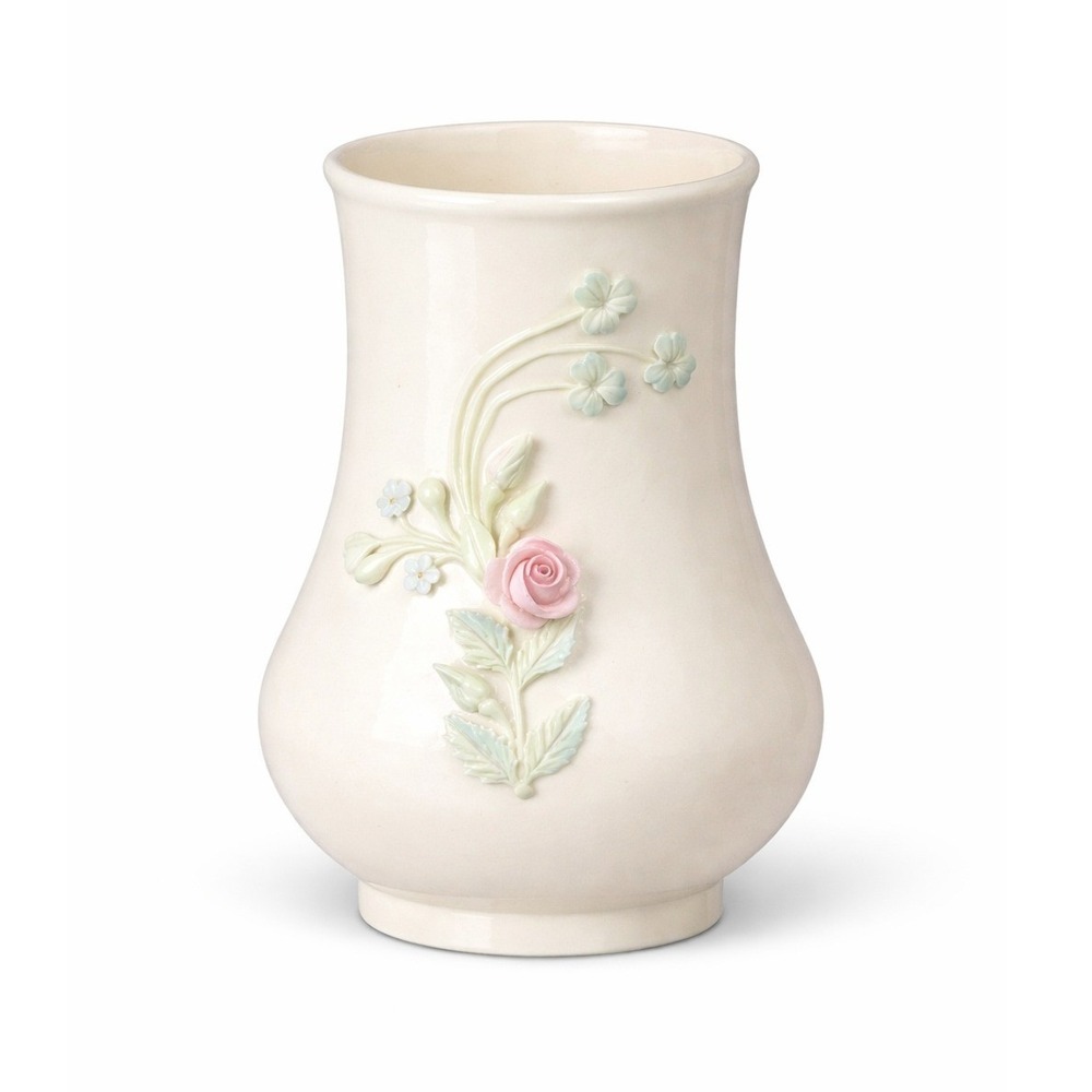 VTG Belleek Ireland Parian China Vase Pink Rose Blue Flower Shamrock Green Mark